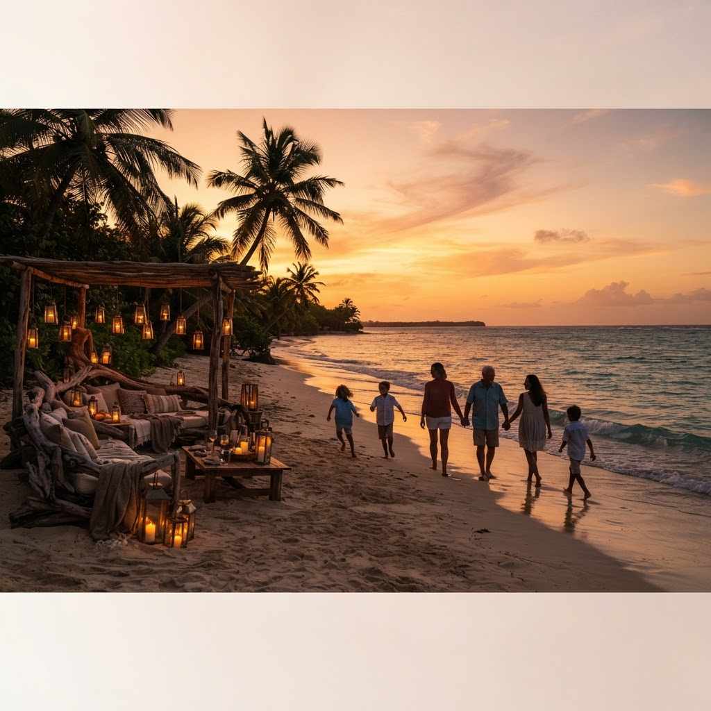 A family walking along a tropical beach at sunset