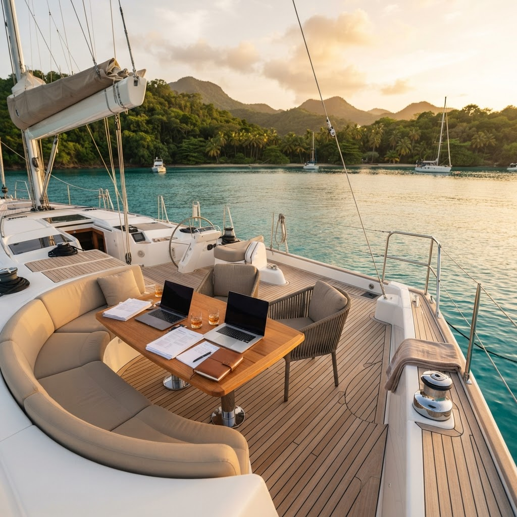 A sailing yacht anchored near a tropical island at golden hour