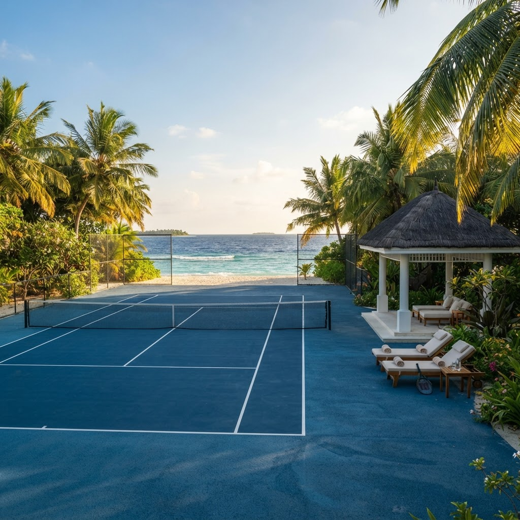 A pristine tennis court on a tropical island with ocean views