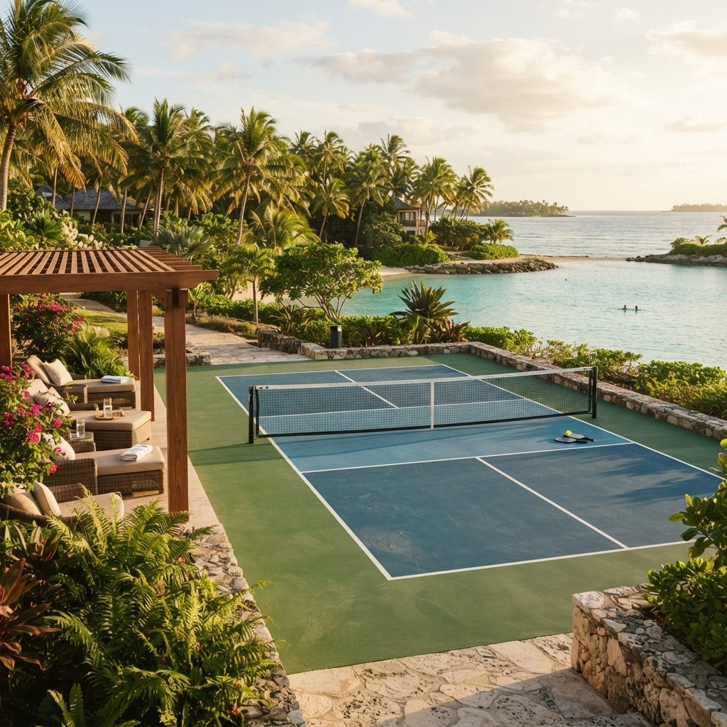 An open-air pickleball court on a tropical island overlooking turquoise water